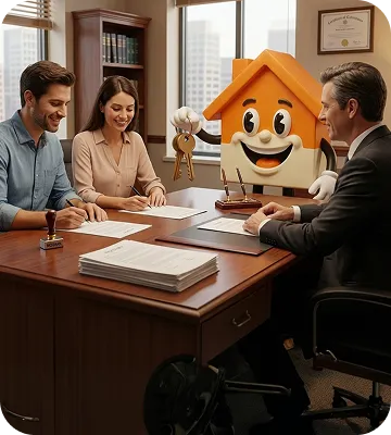 Couple signant un acte de vente avec la mascotte Je Partage Immo