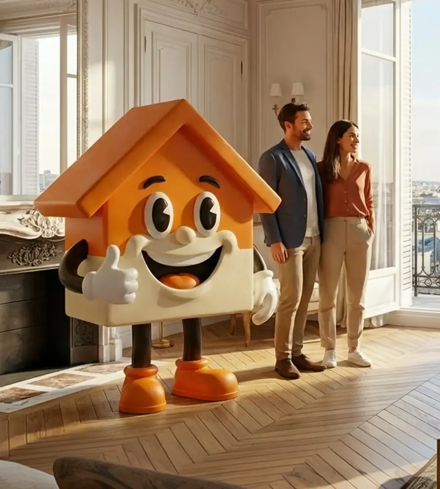 Famille devant leur maison avec la mascotte Je Partage Immo